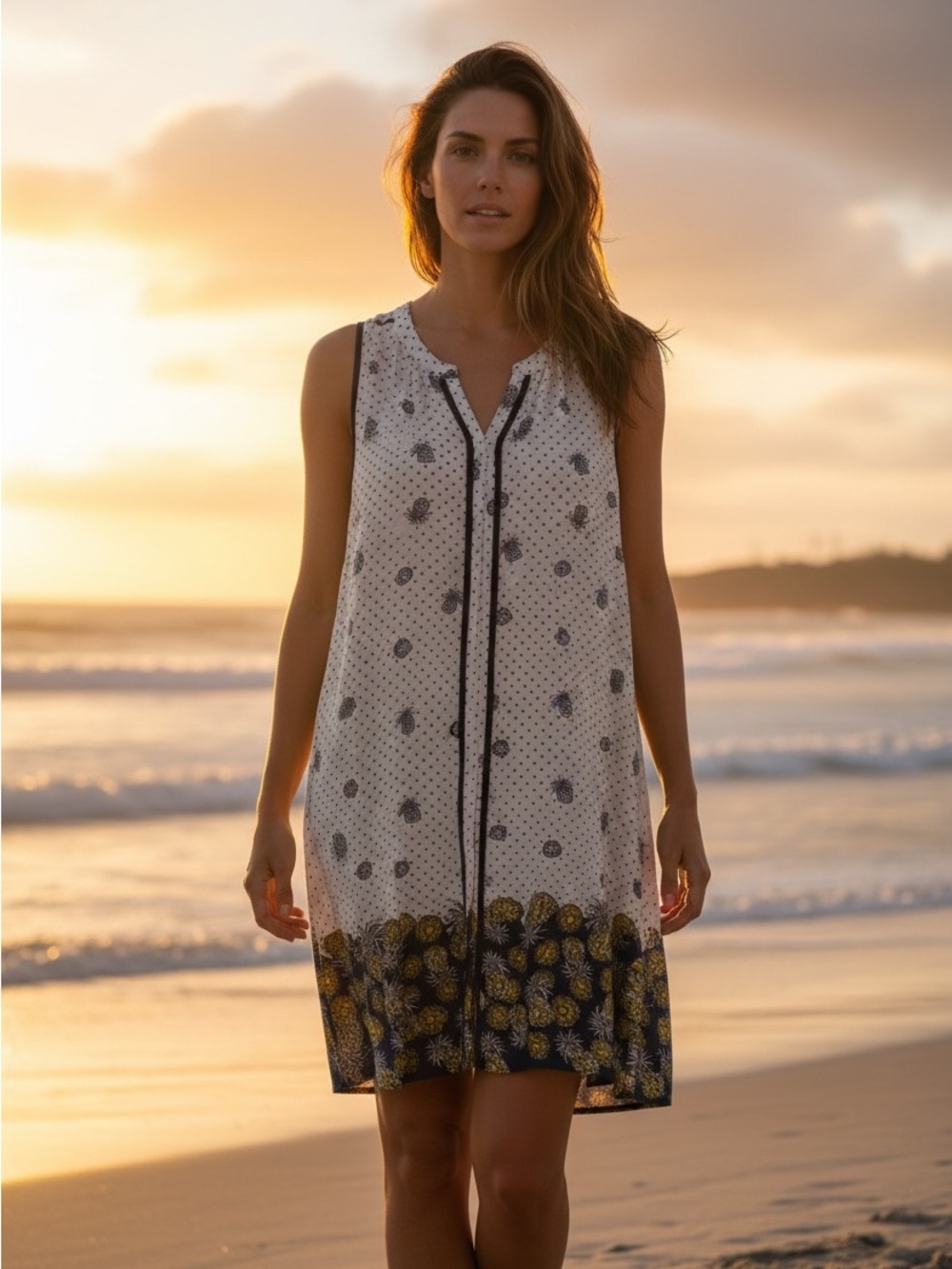 #184 Naif White Sleeveless Button-Front Dress with Navy & Yellow Floral Border